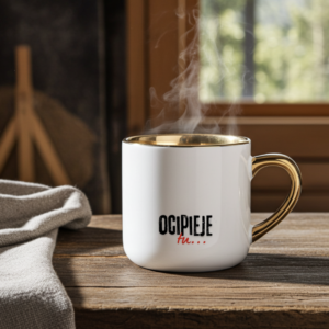śmieszny kubek ocipieje tu