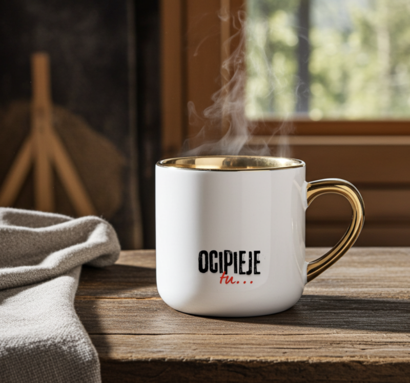 śmieszny kubek ocipieje tu