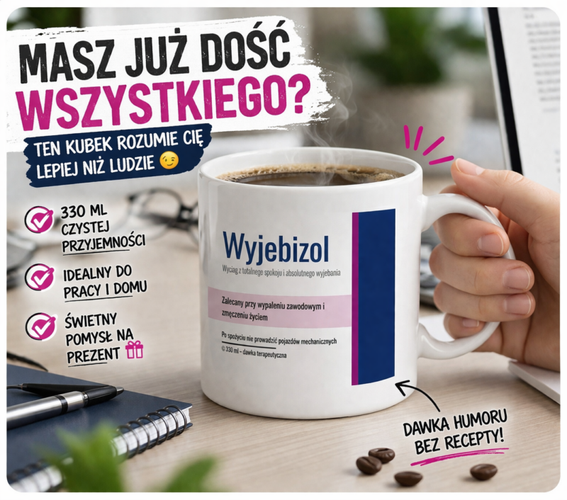 Kubek terapeutyczny WYJEBIZOL 330 ml biały – śmieszny kubek z nadrukiem