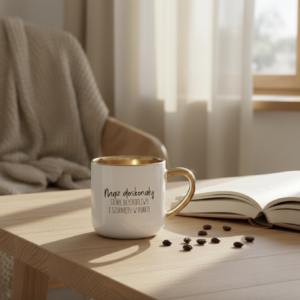 Kubek z nadrukiem 400 ml do pracy– personalizowany prezent z imieniem i opisem cech | Złoty kubek z humorem