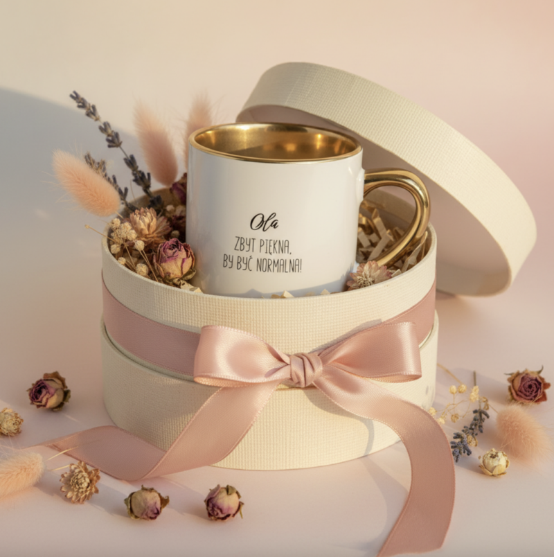 Kubek z nadrukiem 400 ml do pracy– personalizowany prezent z imieniem i opisem cech | Złoty kubek z humorem