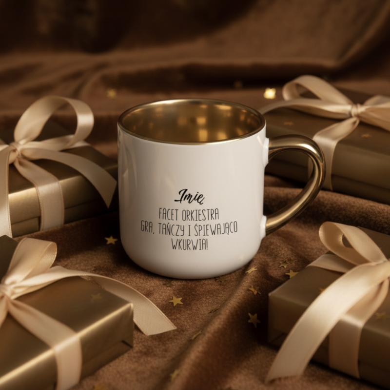 Kubek z nadrukiem 400 ml do pracy– personalizowany prezent z imieniem i opisem cech | Złoty kubek z humorem