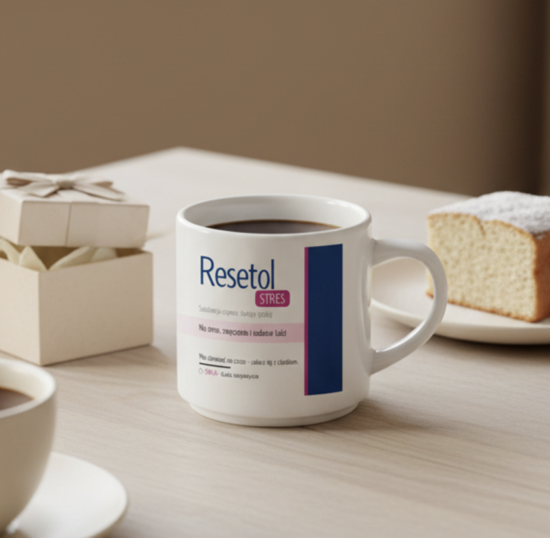 Kubek terapeutyczny RESETOL STRES  – śmieszny kubek z nadrukiem | Prezent dla lekarza i psychologa