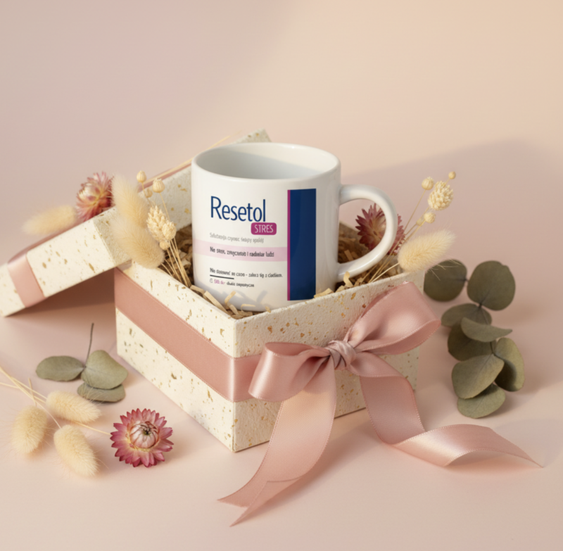 Kubek terapeutyczny RESETOL STRES  – śmieszny kubek z nadrukiem | Prezent dla lekarza i psychologa
