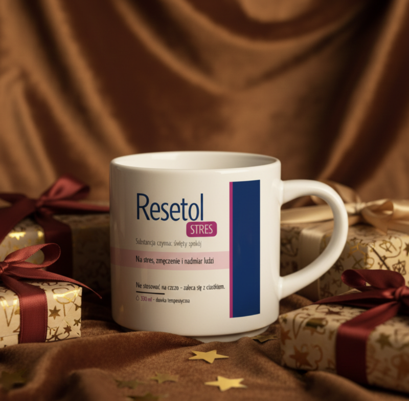 Kubek terapeutyczny RESETOL STRES  – śmieszny kubek z nadrukiem | Prezent dla lekarza i psychologa